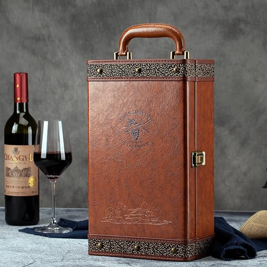 2 Bottle Wine Gift Box with 4 Accessories Set – PU Leather Portable Wine Carrier Tote, Dual Bottle Storage and Presentation Box for Home Display, Business Gifting, and Wine Collection 4