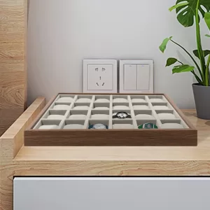 24-Compartment Wooden Watch Organizer Display Box with Walnut Grain Finish and Soft Flannelette Lining, Detachable Pillows, Semi-Open Design for Watches, Bracelets, Earrings, Jewelry Storage for Bedroom and Home