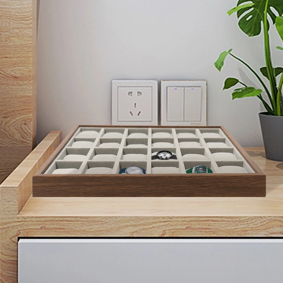 24-Compartment Wooden Watch Organizer Display Box with Walnut Grain Finish and Soft Flannelette Lining, Detachable Pillows, Semi-Open Design for Watches, Bracelets, Earrings, Jewelry Storage for Bedroom and Home - 图片 6