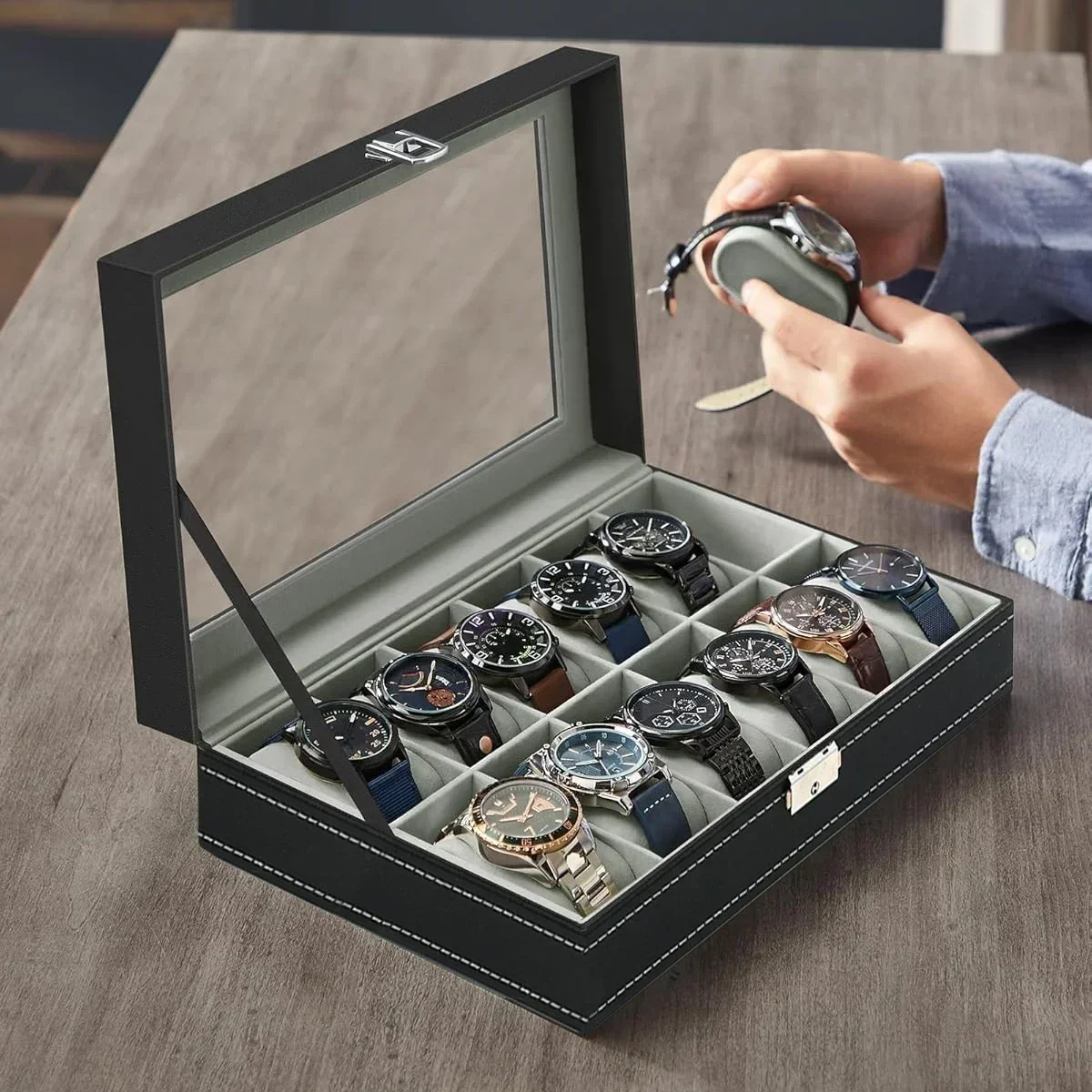 Watch Display Case ⌚ – Stop Tangled Timepieces! Premium PU Leather Organizer with Glass Top for 6/10/12 Luxury Watches