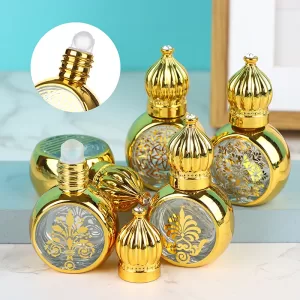10ml Mini Essential Oil Roller Bottles with Gold Crown Cap – Elegant Carved Electroplated Glass Perfume Containers, Portable Travel-Friendly Empty Bottles for Aromatherapy, DIY Blends, and Small Business Use