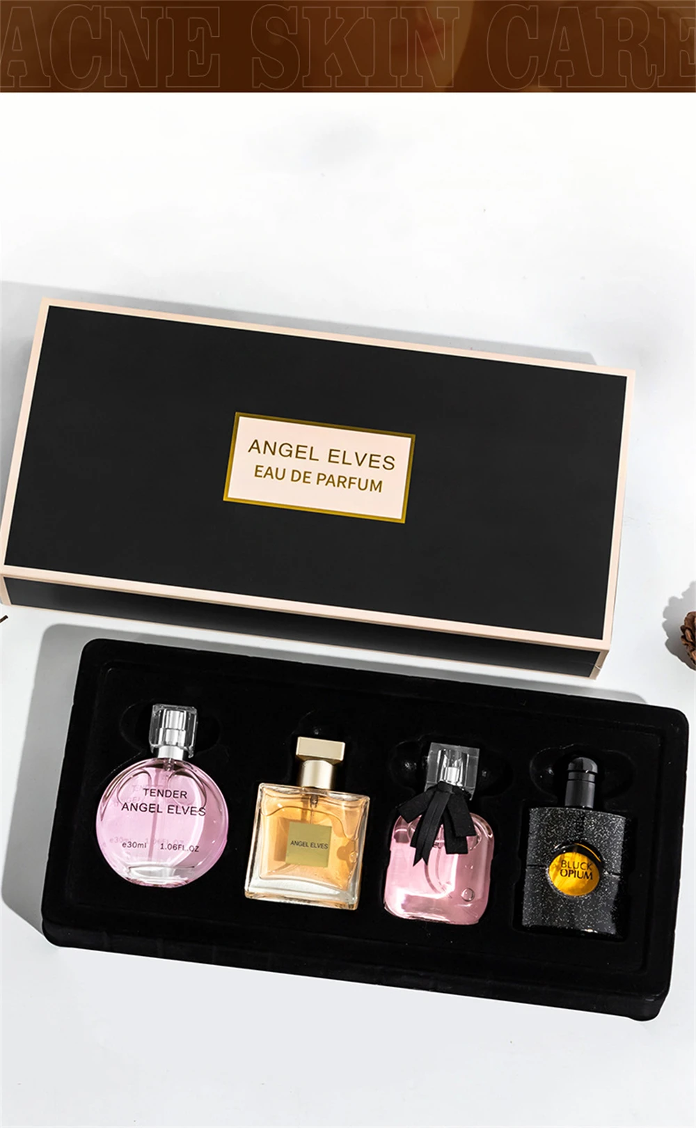 Luxury Empty Perfume Bottle and Gift Box Set – 4 Refillable 30ml Containers (120ml Total) in Glass PET Acrylic or Metal with Alloy ABS or Wooden Caps, Premium Paperboard Kraft or Recycled Boxes with Matte Glossy or Embossed Finish