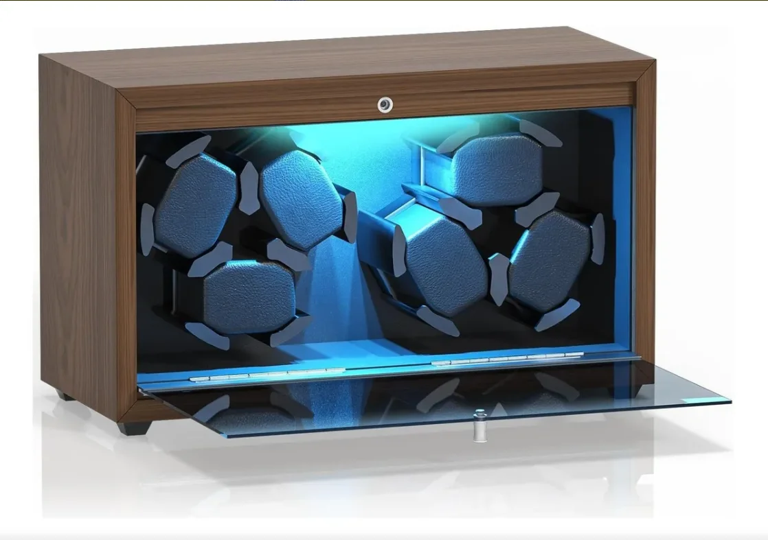 Automatic 6-Slot Watch Winder Box with Blue LED Light, Black Walnut Finish, Soft Memory Foam Pillows, Lid Sensor, Six Rotation Modes, Super Quiet Japanese Motor, PU Interior, AC Adapter Included, Ideal Gift for Luxury Watches