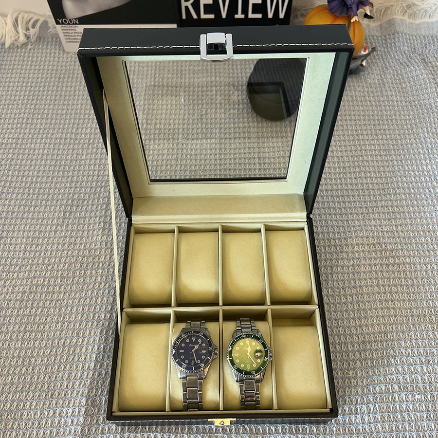 6/8/20-Slot PU Leather Watch Box with Glass Lid, Traditional Style Watch Storage Organizer with Lock, Durable Jewelry Display Case for Watches, Bracelets, Rings, and Accessories 1