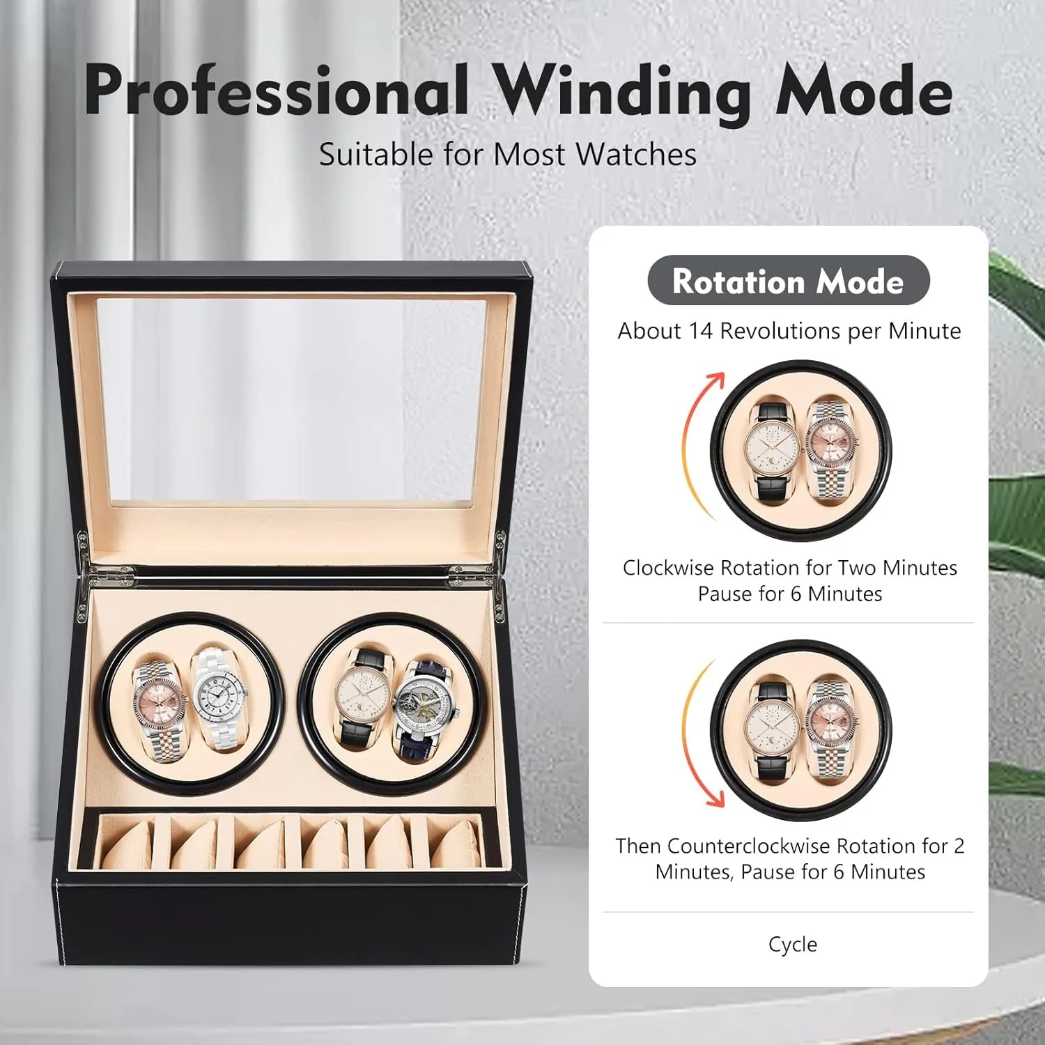 Travel Watch Winder | Automatic Watch Winder Case 4+6 Display Slots, Silent Motor Leather & Wood Organizer Box with Piano Finish, Dual Rotation Modes, Glass Cover, Black/Khaki Modern Collector Storage with US Plug 5