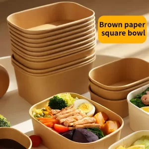 25-Pack Kraft Paper Lunch Box Bowls with Lids Disposable Square Food Containers for Salads Fast Food Bento Meals Takeout Microwave-Safe Food Storage Containers 500ml-1000ml