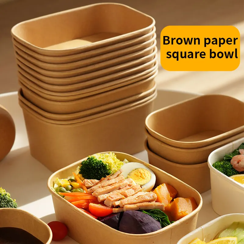 25-Pack Kraft Paper Lunch Box Bowls with Lids Disposable Square Food Containers for Salads Fast Food Bento Meals Takeout Microwave-Safe Food Storage Containers 500ml-1000ml