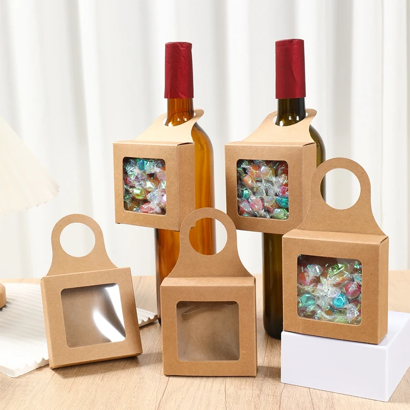 10pcs Kraft Paper Wine Gift Packaging Boxes with Window – Folding Hanging Candy, Biscuit, and Cookie Boxes, Reusable Black/White Cardboard Paper Packaging for Gifts and Parties 6