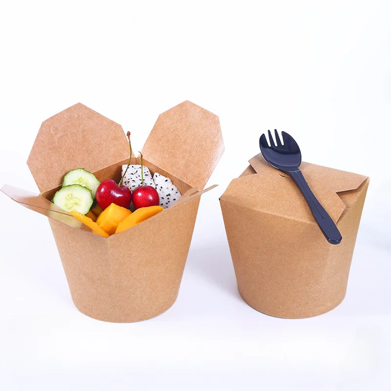 500pcs Disposable Kraft Paper Noodle Takeaway Boxes with Round Bottom, Eco-Friendly Fast Food Packaging for Pasta Salad Rice Snacks Takeout Restaurant Party Use - 图片 2