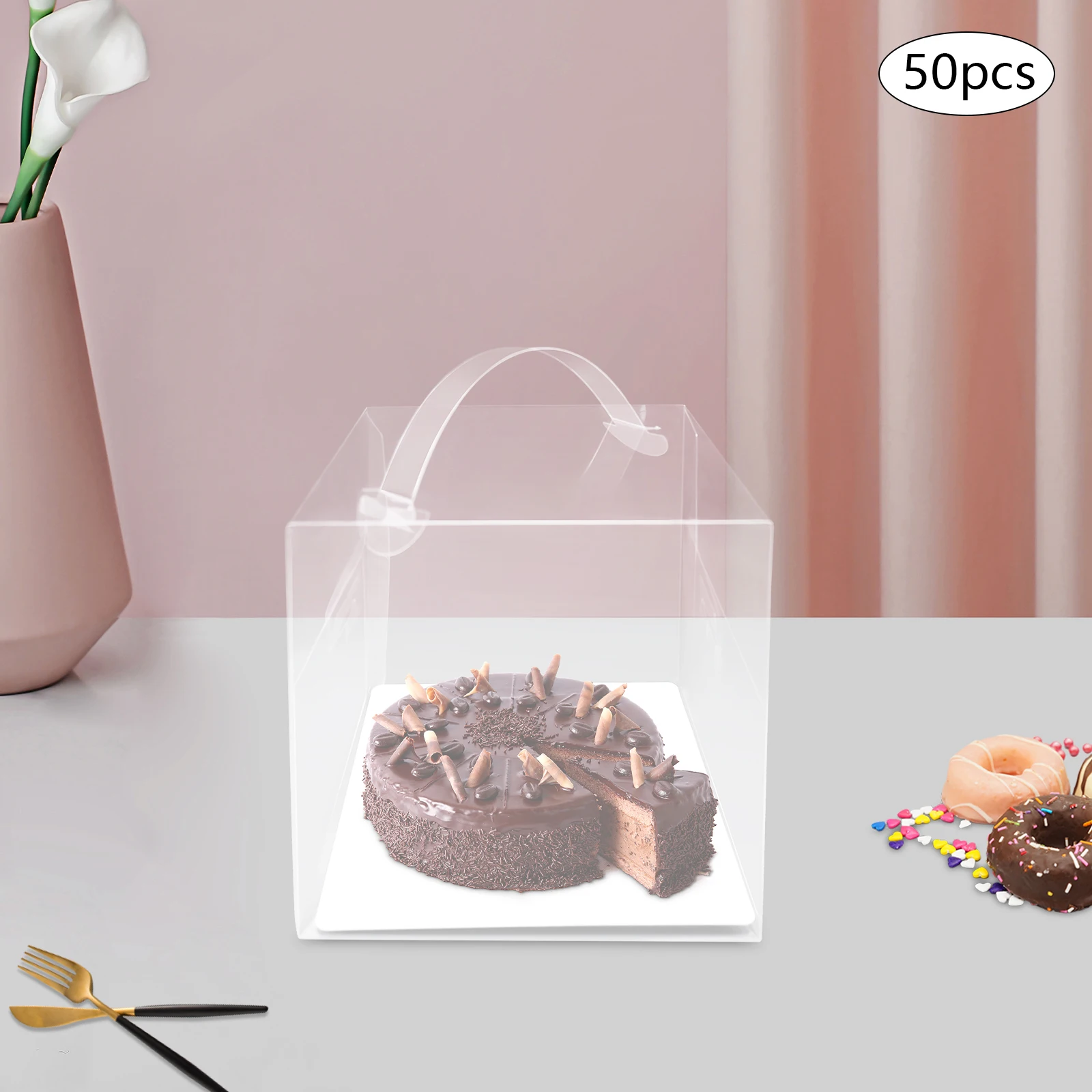 50pcs Clear PET Square Cake Boxes with Handles, 13x13x13cm Assembly Required, Food-Safe Plastic and Cardboard Dessert Packaging, Cupcake and Cookie Containers for Bakery, Birthday, Wedding, Party 6