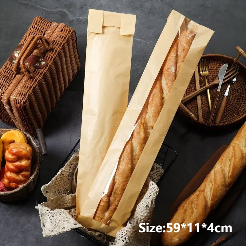 100 Pieces Kraft Paper Long Bread Bags with Transparent Window, Waterproof & Oil-Resistant Food Packaging for Bread, Pastries, Party Favors, Birthday, Xmas, Bakery & Gift Wrapping - 图片 12