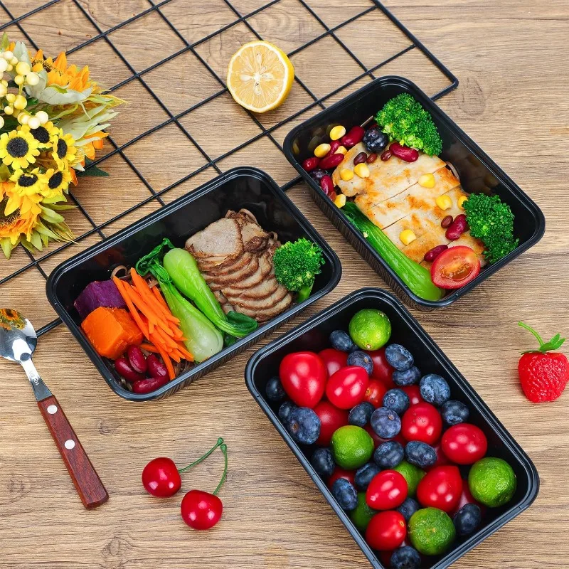 10/20Pcs Disposable Plastic Lunch Box with Lid, Black Food Containers for Fruits, Vegetables, Salads, Sandwiches, Meal Prep, Takeout Kitchen Storage Bento Box Microwave Safe 1