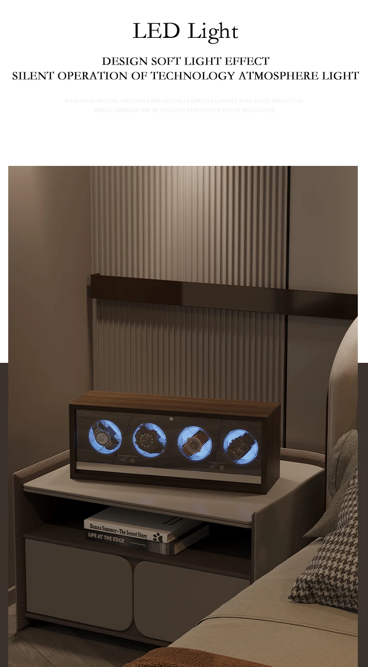 Luxury 4-Slot Automatic Watch Winder Box with High-Precision Japanese Motor, Premium Wooden Construction, Soft Memory Foam Cushions, LED Illumination, Lid Stop Function, Universal AC/USB Powered, Ideal Display Case for Mechanical Watches 10