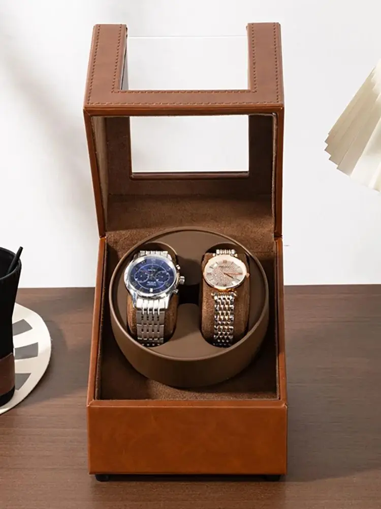 PU Leather Automatic Watch Winder Box, 2-Slot Mechanical Watch Display Organizer, Quiet Motor, Elegant Leatherette Case with Transparent Cover for Men’s & Women’s Watches, Gift Storage 2