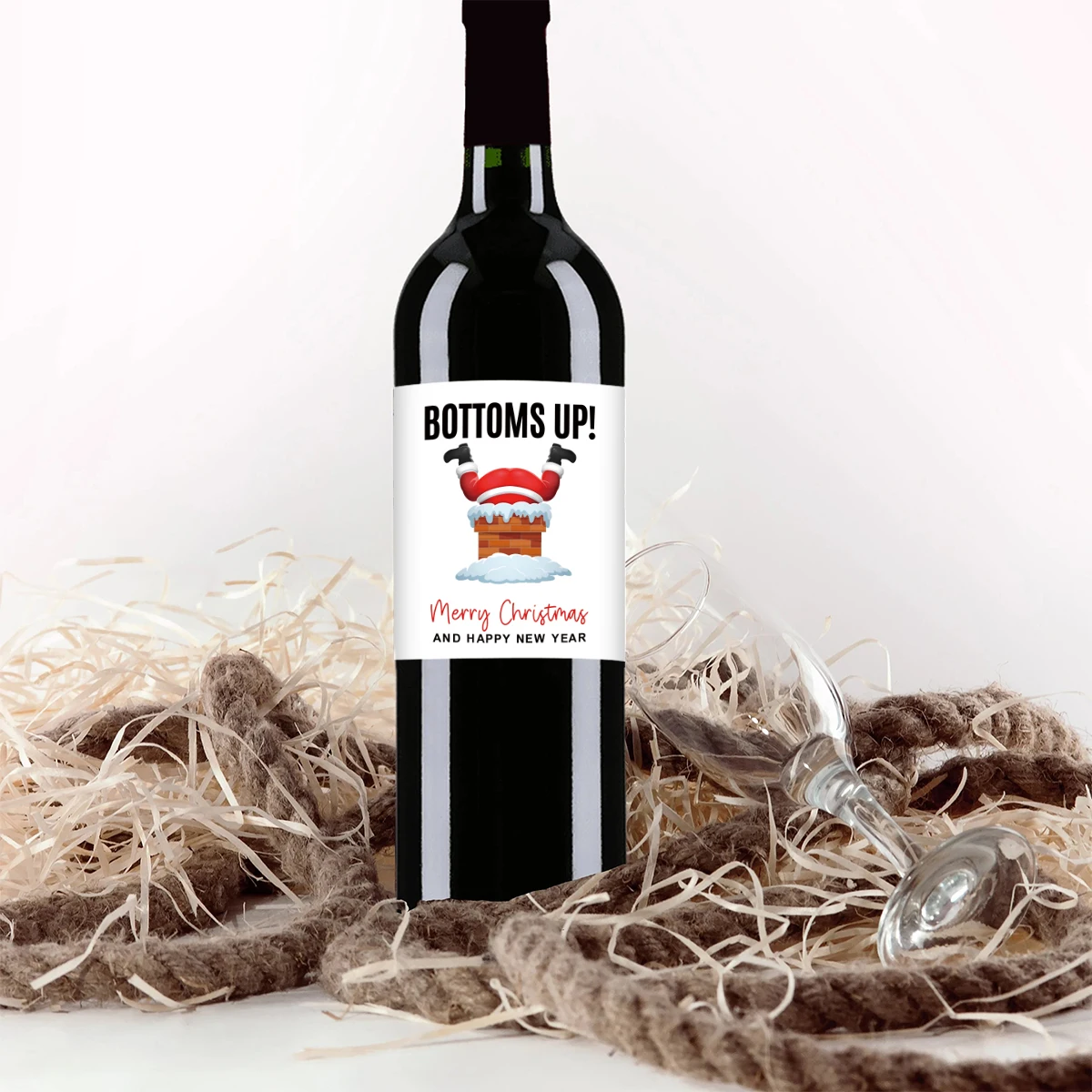 6PCS Christmas Wine Bottle Labels – Waterproof Self-Adhesive Vinyl Stickers with Funny Santa Claus & Holiday Greetings, Perfect for Xmas Party Decorations, Gift Wrapping, New Year Celebration Supplies