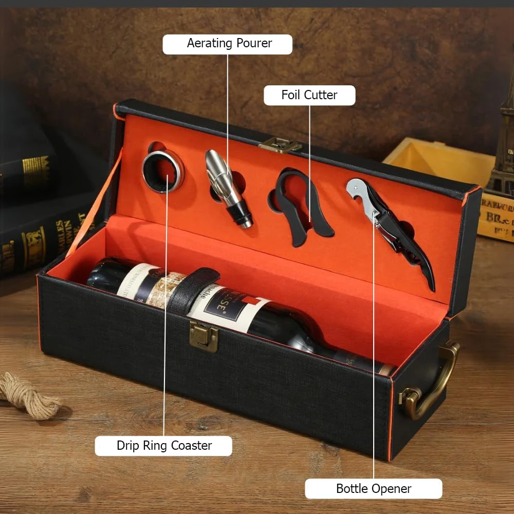 Single Wine Bottle Gift Box with Accessories Set – PU Leather Portable Carrying Case with Handle, Elegant Bottle Holder and Wine Tools for Home, Party, Gifting, and Collection Single Wine Bottle Gift Box with Accessories Set – PU Leather Portable Carrying Case with Handle, Elegant Bottle Holder and Wine Tools for Home, Party, Gifting, and Collection