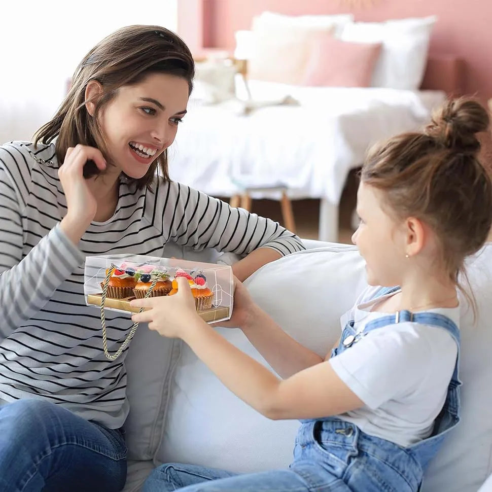 10Pcs Clear Cupcake Boxes with Rope Handles, Portable Rectangular 3-Compartment Cake Containers, PET and Cardboard Dessert Carriers for Parties, Weddings, Birthdays, Baby Showers 2