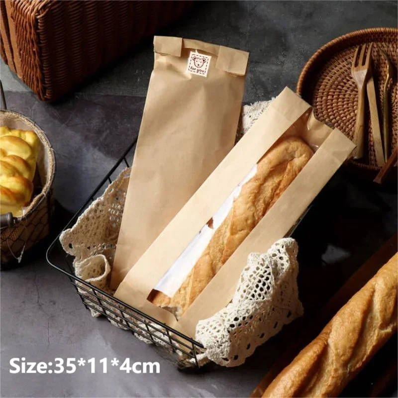 100 Pieces Kraft Paper Long Bread Bags with Transparent Window, Waterproof & Oil-Resistant Food Packaging for Bread, Pastries, Party Favors, Birthday, Xmas, Bakery & Gift Wrapping - 图片 8