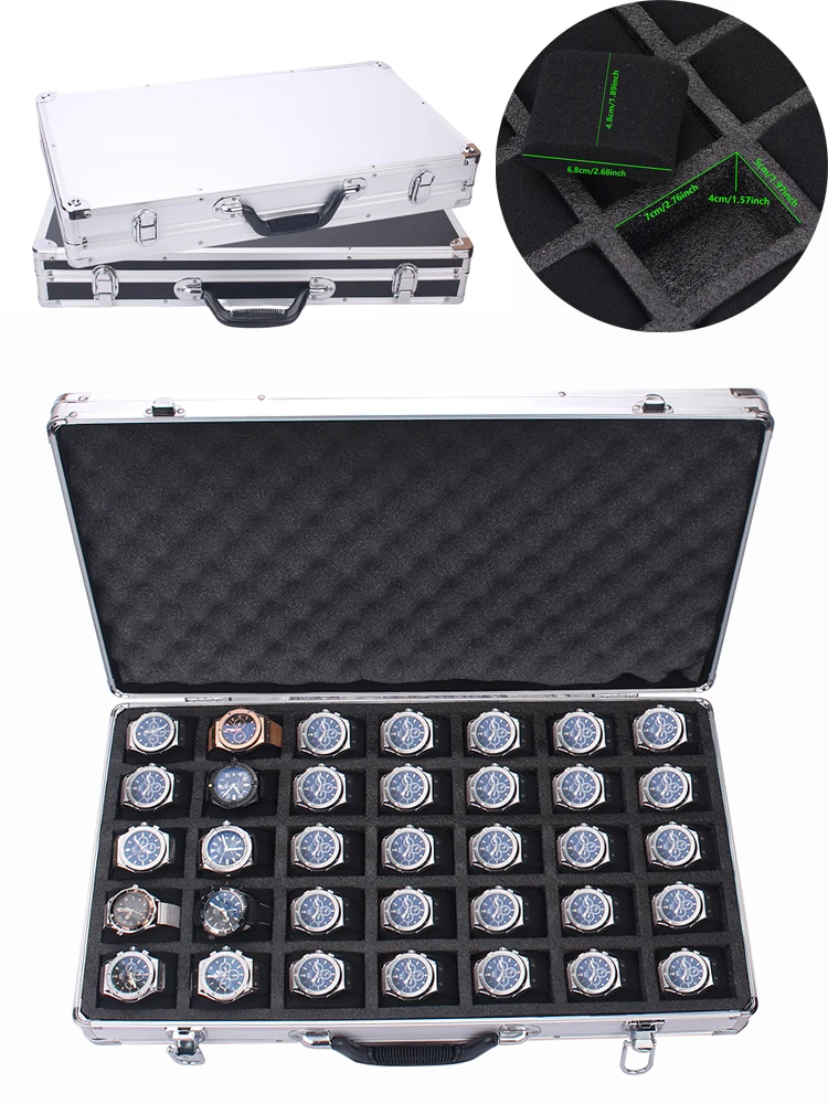 35-Slot High-Capacity Watch Storage Box with Aluminum Suitcase Design, Velvet-Lined Jewelry Organizer, Portable Lockable Display Case for Watches, Bracelets, and Accessories, Elegant Gift Box for Collectors