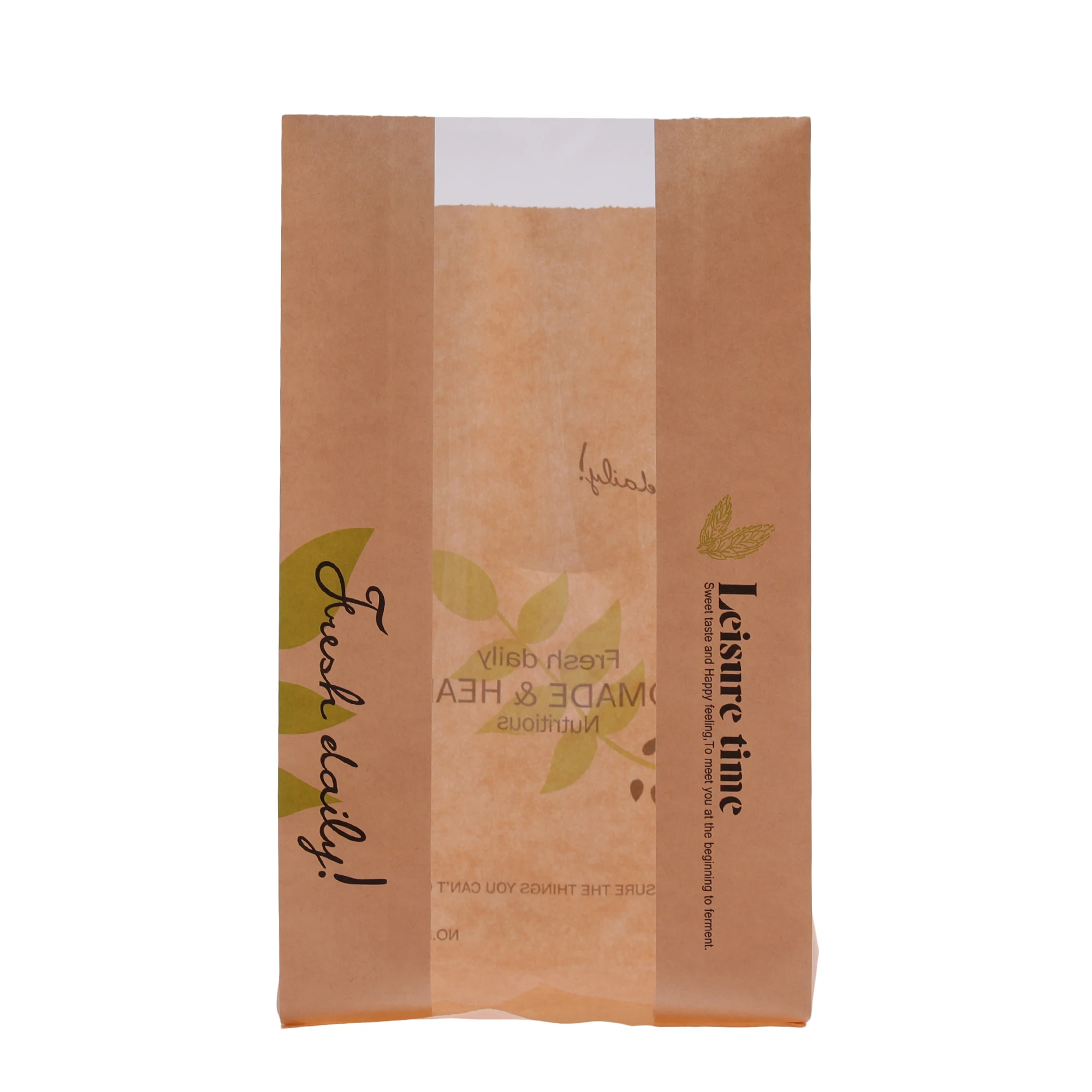50 Pieces Kraft Paper Food Bags with Transparent Window, Green Leaf Design, Oil-Resistant Laminated Packaging for Cake, Cheese, Bread, Toast, Bakery & Sandwich Storage, Multiple Sizes S/M/L - 图片 3