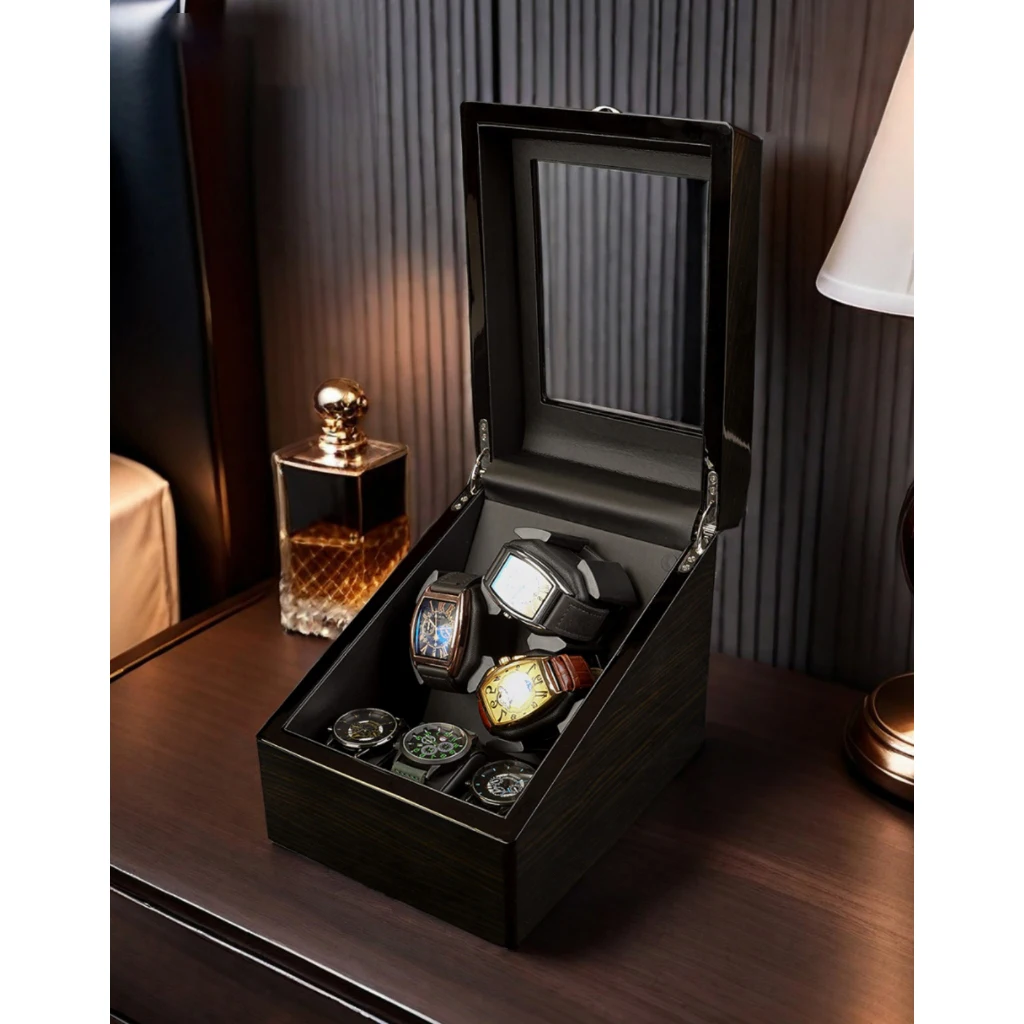 Automatic Wooden Style Watch Winder Box 3+3 / 6+6 Slots with Blue LED Lighting, Quiet Mabuchi Motor, Lid Sensor Stop Function, MDF + PU Leather Organizer Case for Mechanical Watches, Gift Display Storage - 图片 6