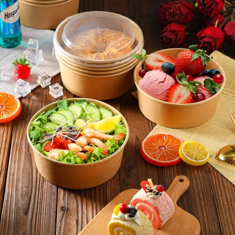 10-Pack Kraft Paper Salad Bowls with Lids Biodegradable Disposable Tableware for Meal Prep Takeout Bento Food Containers Eco-Friendly Portable 500ml 750ml 1000ml 6