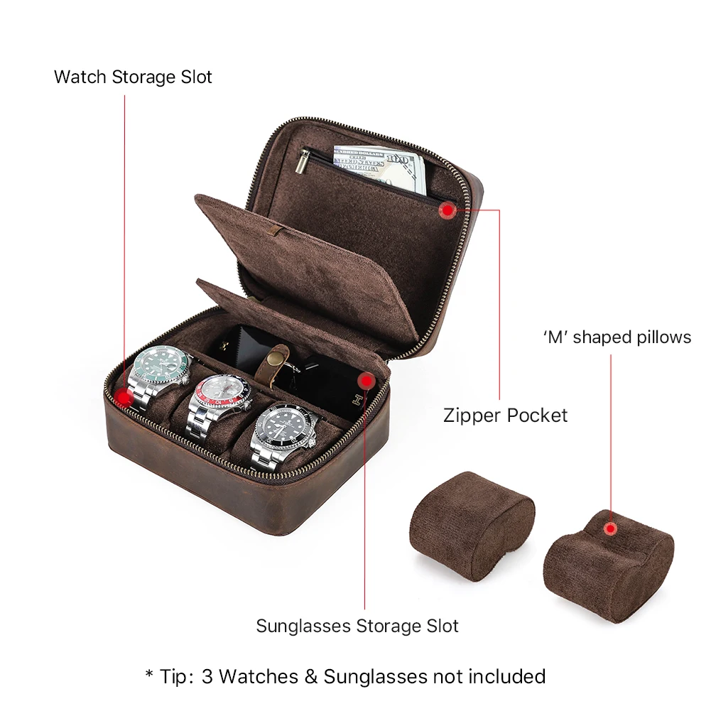 Travel Watch Organizer | Premium Retro Genuine Leather Travel Organizer for Watches, Sunglasses and Jewelry with Soft Velvet Lining, Multi-slot Storage Box, Elegant Gift Case for Men and Women, Portable and Durable Luxury Design - 图片 3