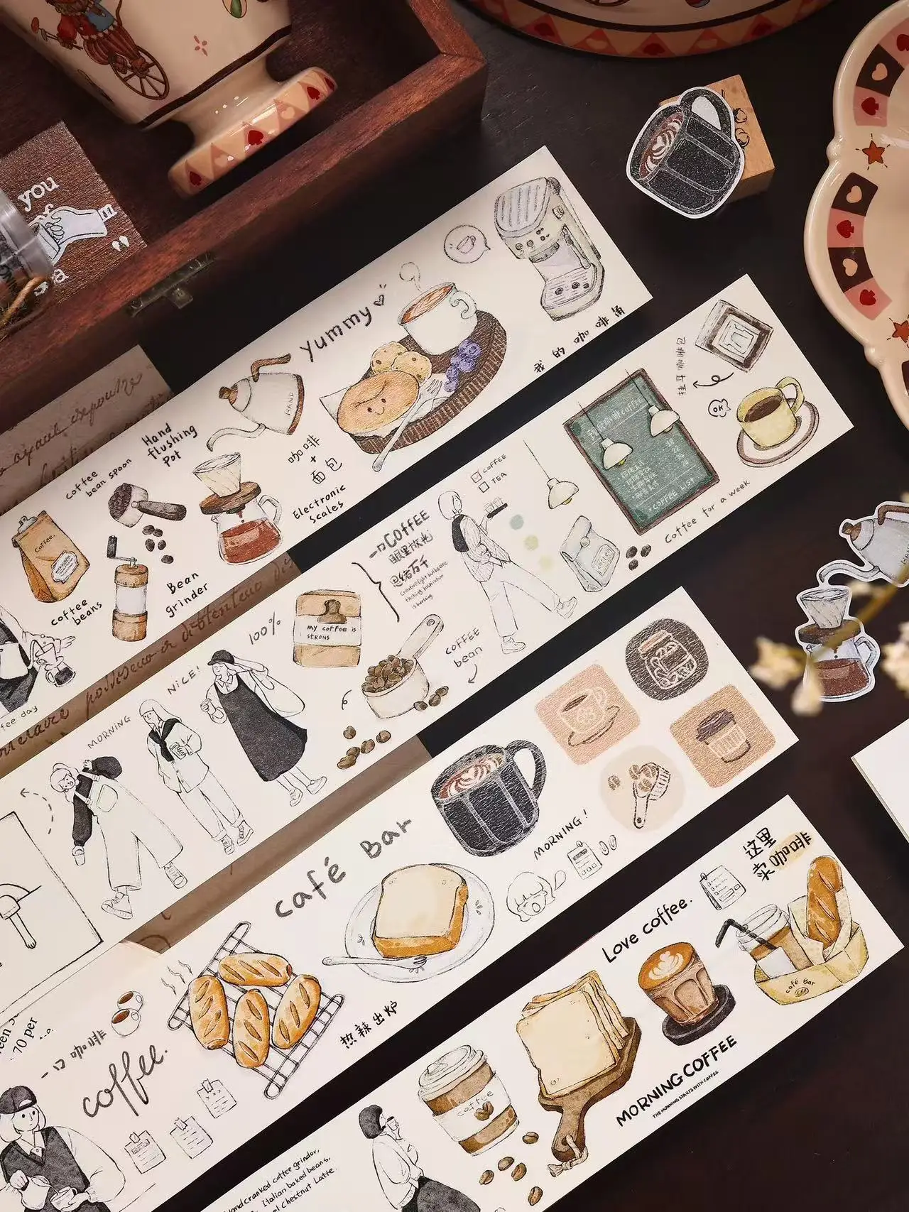 Vintage Coffee Brain Girl Washi PET Tape for Scrapbooking, Lovely Decorative Sticker Roll for DIY Journals, Greeting Cards, Envelopes, and Craft Packaging Projects 1