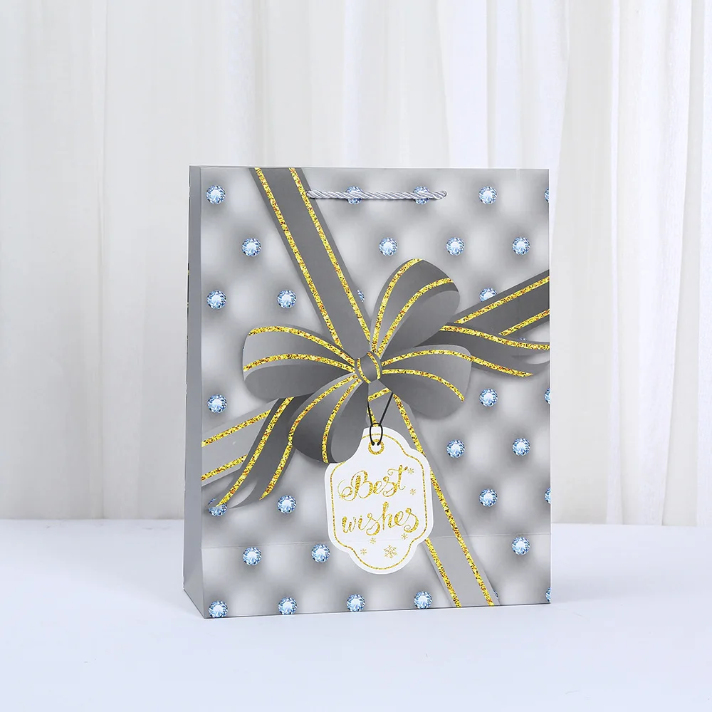 6/10pcs Best Wishes Paper Tote Bags, Elegant Recyclable Gift Packaging Bags with Bow Print, Thick White Card Paper Bags for Birthday Wedding Party Favors Candy Cookies Boutique Retail Wrapping