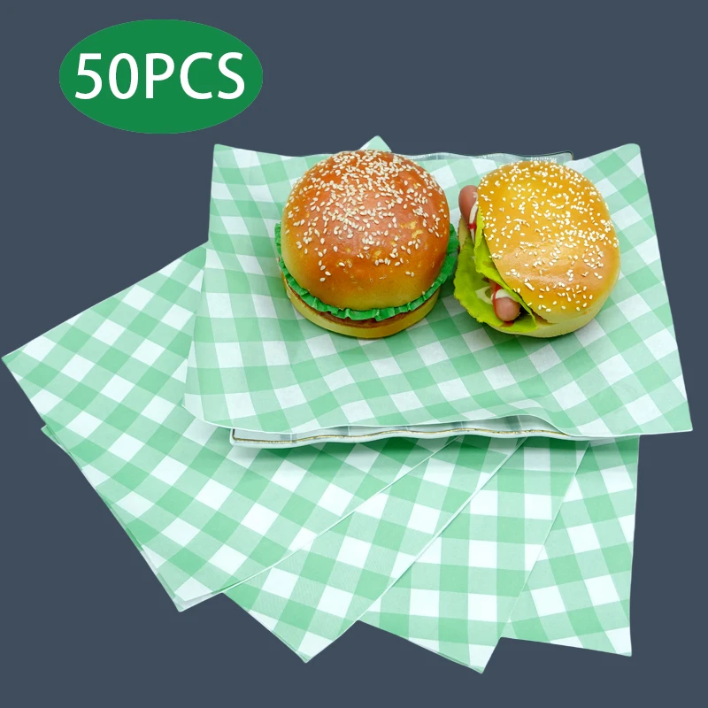 50 Pcs Greaseproof Checkered Food Wrapping Paper – Oil Resistant Burger, Sandwich & Snack Liners – Colorful Basket Mats & Placemats for Parties, Picnics, Cafes, and Takeaway - 图片 9