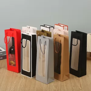 New Kraft Paper Wine Gift Bag with Transparent PVC Window – Single Bottle Tote for Red Wine, Champagne, Flowers or Dolls, 36×12.8×8.5cm Rectangular Gift Packaging Bag with Handle