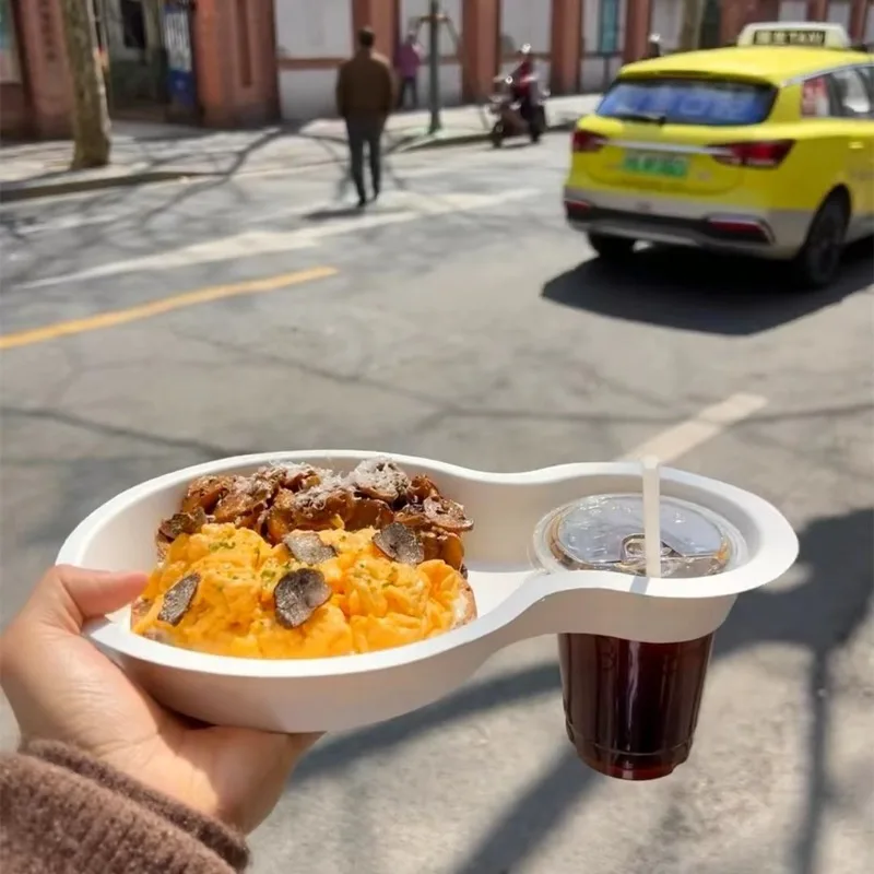 50/60pcs Disposable Hot Dog Food Trays with Dual Compartments and Beverage Cup Holder, Eco-Friendly Paper Plates for Snacks, Meals, Picnics, Parties, and Catering