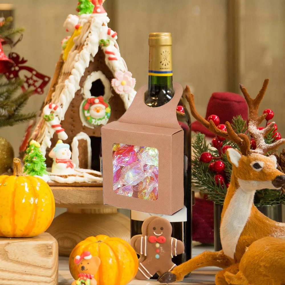 20/10PCS Kraft Paper Hanging Wine Bottle Gift Box – Foldable Candy Packaging Box with Hook, Minimalist Recyclable Paper Box for Wedding, Party, and Holiday Decoration 1