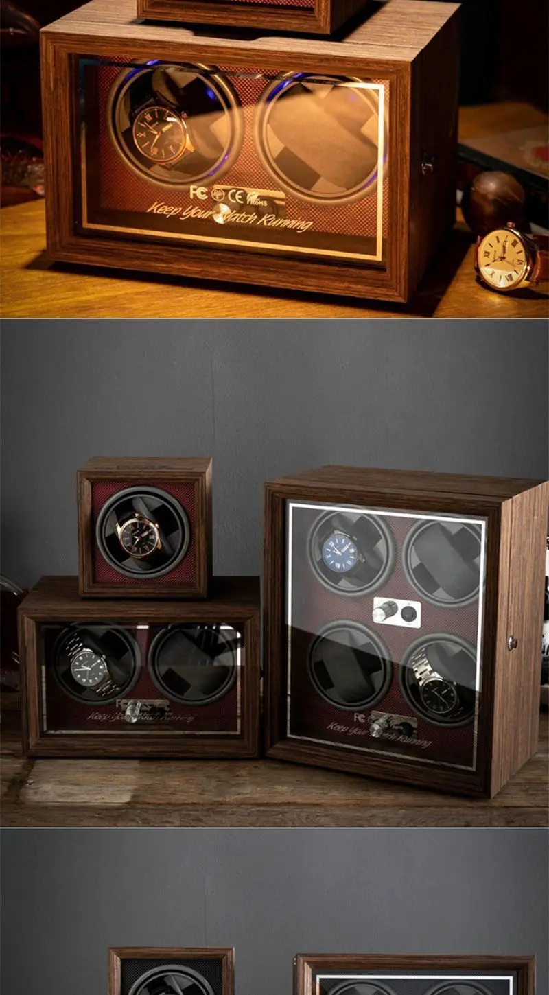 Luxury Automatic Watch Winder – Wooden Retro Organizer with Silent Motor and Anti-Magnetic Design, High-Density Pine & Leather Construction, Multiple Slots with USB Power, LED Light, 5 Rotation Modes 6