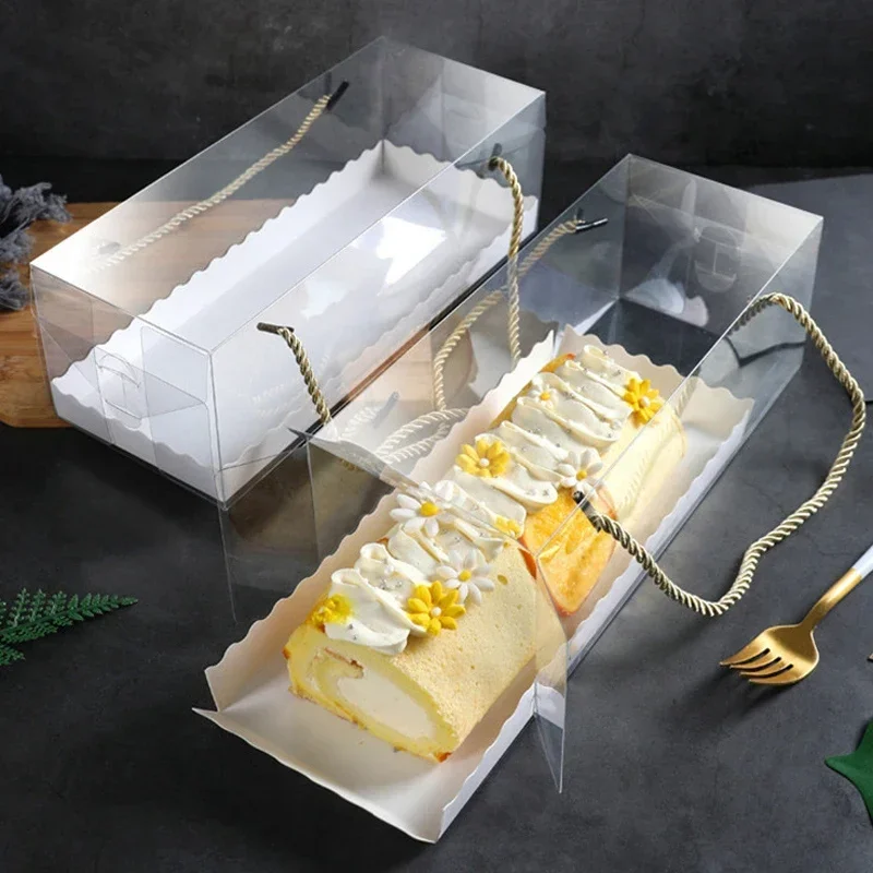 1PCS Clear PET Cake Box with Handle, Long Transparent Cupcake Roll Container Dessert Gift Packaging Holder, Food Grade Portable Bakery Box for Swiss Roll, Pastries, and Party Treats 18.2x6.3x6.3cm - 图片 4