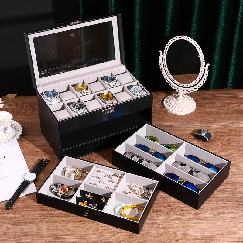 3-Layer Black PU Leather Watch and Eyeglasses Organizer with Glass Lid, Metal Buckle, Velvet-Lined Jewelry Display Drawer, Multi-Compartment Storage Case for Watches, Sunglasses, Rings, Bracelets, Necklaces - 图片 2