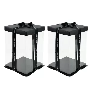 Clear Gift Box PVC Transparent Rose Flower Bear Cake Packaging Box, Decorative Dessert Container for Wedding, Birthday, Christmas, DIY Baking, Party Gifts, Black, PET+Paperboard