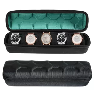 Travel Watch Organizer | 5-Slot Portable Watch Storage Case with PU & Velvet Lined Compartments, Compact Travel Watch Organizer for Men, Women, Smartwatches, Fitness Trackers, and Luxury Timepieces, Waterproof and Durable