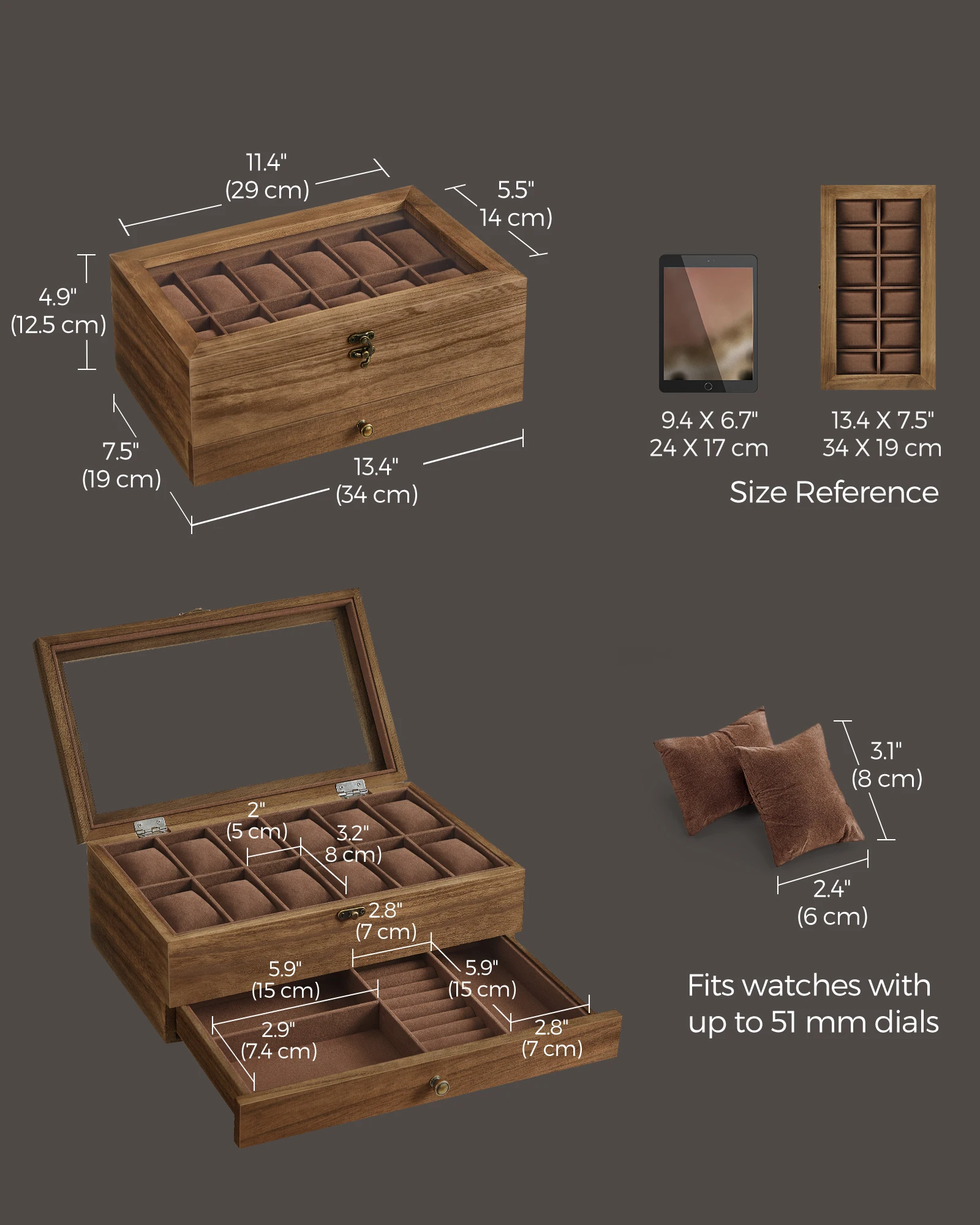 12-Slot Two-Tier Watch and Jewelry Box with Large Glass Lid, Velvet-Lined Compartments, Removable Watch Pillows, Rustic Wooden Display Case for Dresser, Home, and Boutique Storage – Elegant Gift Idea - 图片 5