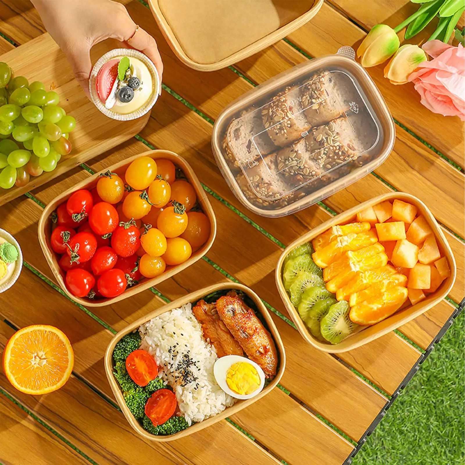 25-Pack Kraft Paper Lunch Box Bowls with Lids Disposable Square Food Containers for Salads Fast Food Bento Meals Takeout Microwave-Safe Food Storage Containers 500ml-1000ml - 图片 2