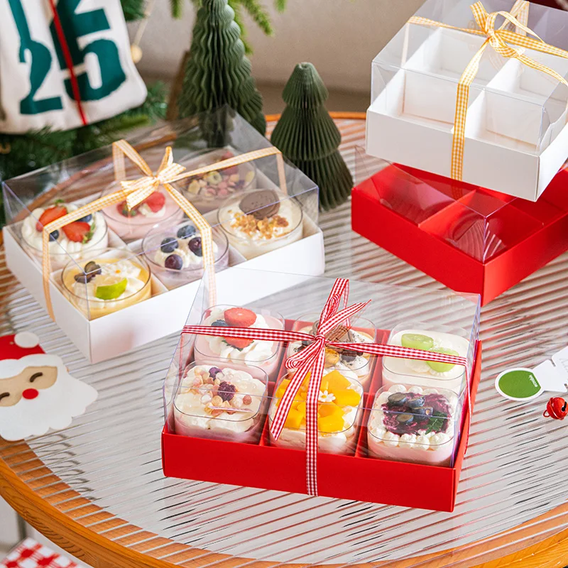 Clear Dessert Packaging Box with Handle – 4/6/9 Grid Transparent Mousse Cup Holder, Portable Cake Gift Box for New Year, Holiday Party, Birthday and Festival Celebration - 图片 2