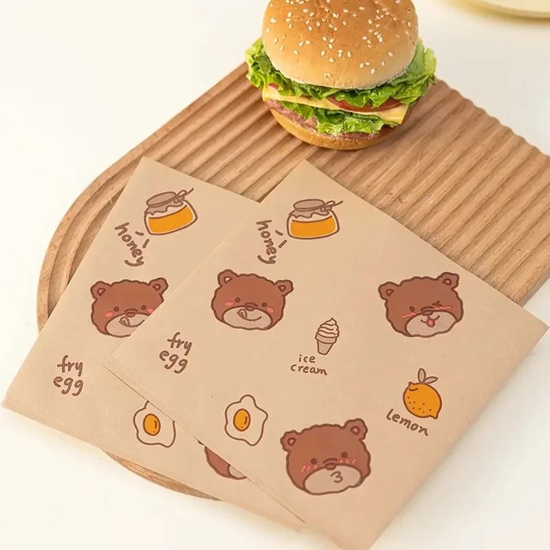 100 Pieces Oil-Resistant Sandwich Wrappers with Cute Bear Pattern, Microwave & Oven Safe, Leak-Proof, Moisture-Resistant Paper Bags for Holiday Baking, Catering, Multifunctional Food Packaging, Durable & Festive - 图片 6