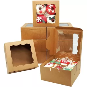 5/10Pcs Kraft Paper Bakery Boxes with Clear Window, Cardboard Gift Packaging for Cupcakes, Cookies, Muffins, Pastries, Wedding, Birthday, Christmas or Valentine’s Day Party Favor Dessert Containers