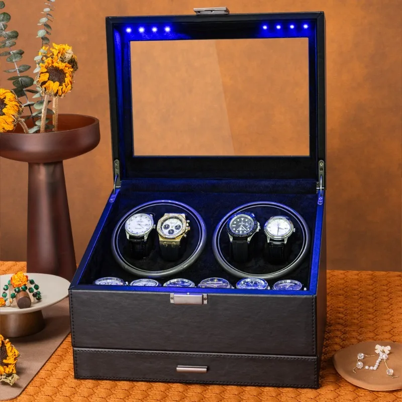 Luxury 4+6 Automatic Watch Winder Box, PU Leather and MDF Jewelry Organizer, Silent Motor Rotation, Multiple Modes, USB-C Power, Elegant Display Case for Mechanical Wristwatches, Men and Women Gift - 图片 2