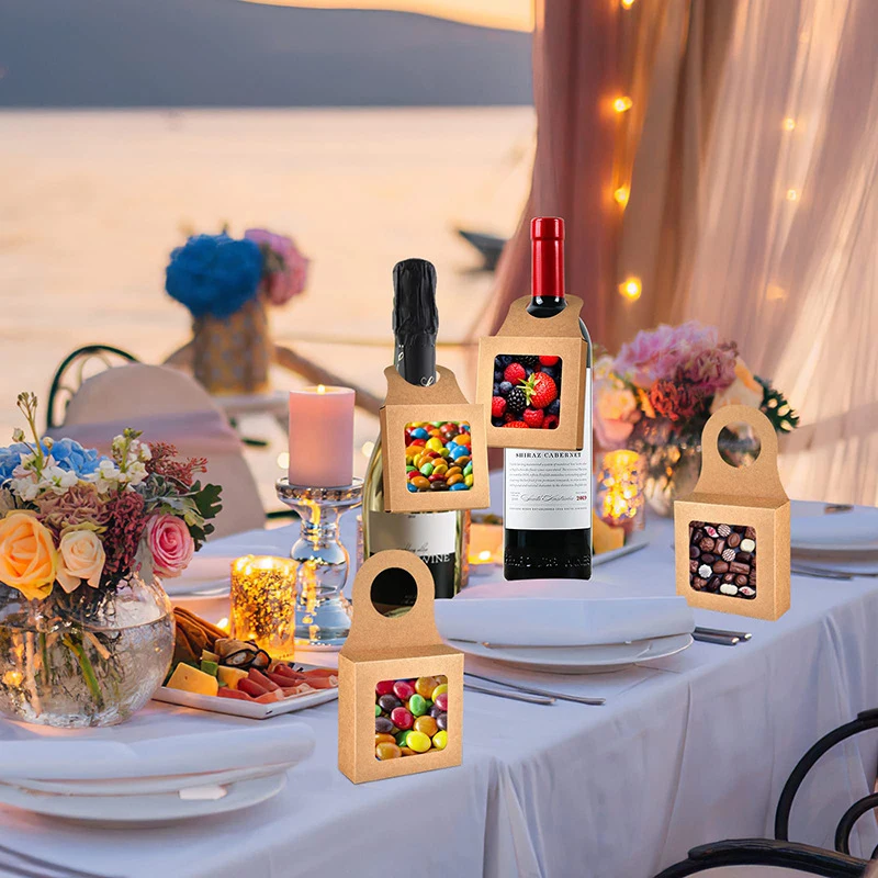 30Pcs Kraft Paper Wine Bottle Gift Boxes with Transparent Window – Hanging Foldable Recyclable Packaging Boxes for Wedding, Party, and Holiday Gift Display 5