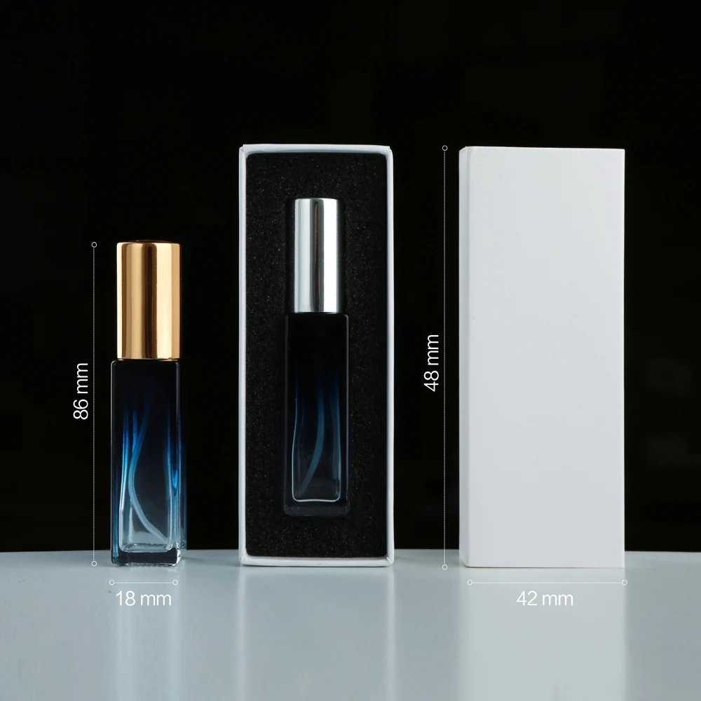 10PCS 10ml Blue Gradient Square Glass Spray Bottles with Box, Refillable Mini Atomizer for Travel, Cosmetic, Essential Oil, Liquid Storage Container, Portable Sample Bottles - 图片 2