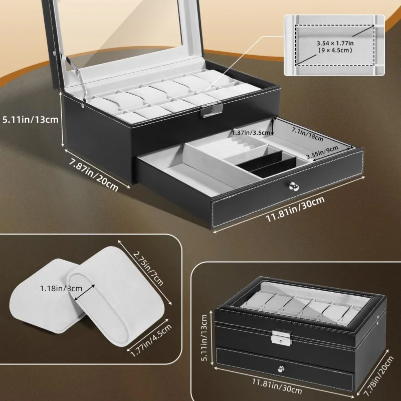 12-Slot PU Leather Lockable Watch Storage Box with Two-Tier Organizer, Secure Jewelry Display Drawer Case for Men and Women Featuring Soft Interior, Elegant Travel and Home Storage Solution for Luxury Accessories - 图片 6