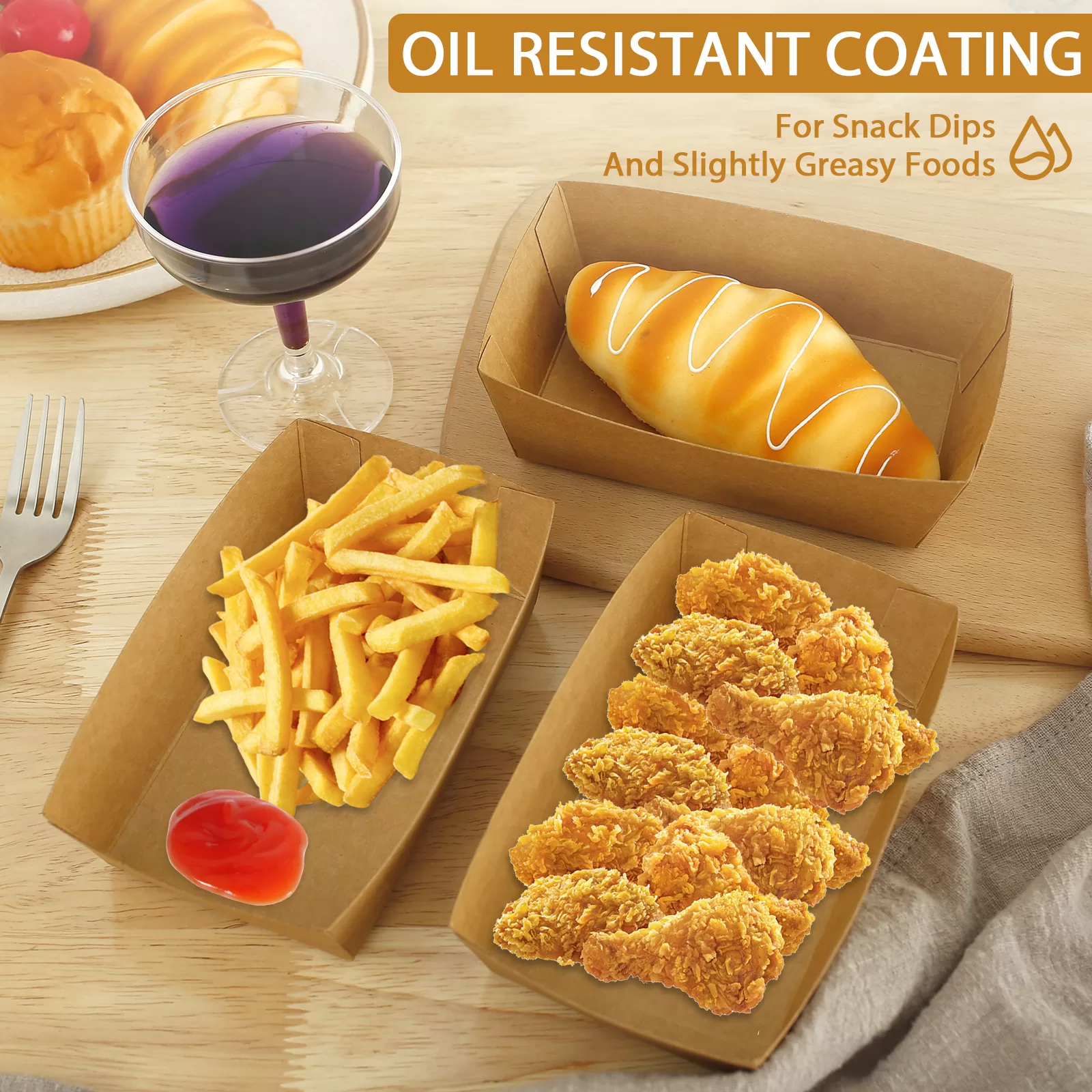 100PCS Brown Paper Food Trays Oil-Proof Disposable Snack Boats Eco-Friendly Recyclable Take Out Food Boxes for French Fries Burgers Hot Dogs Chips Nachos Party Picnic Camping Festival 2