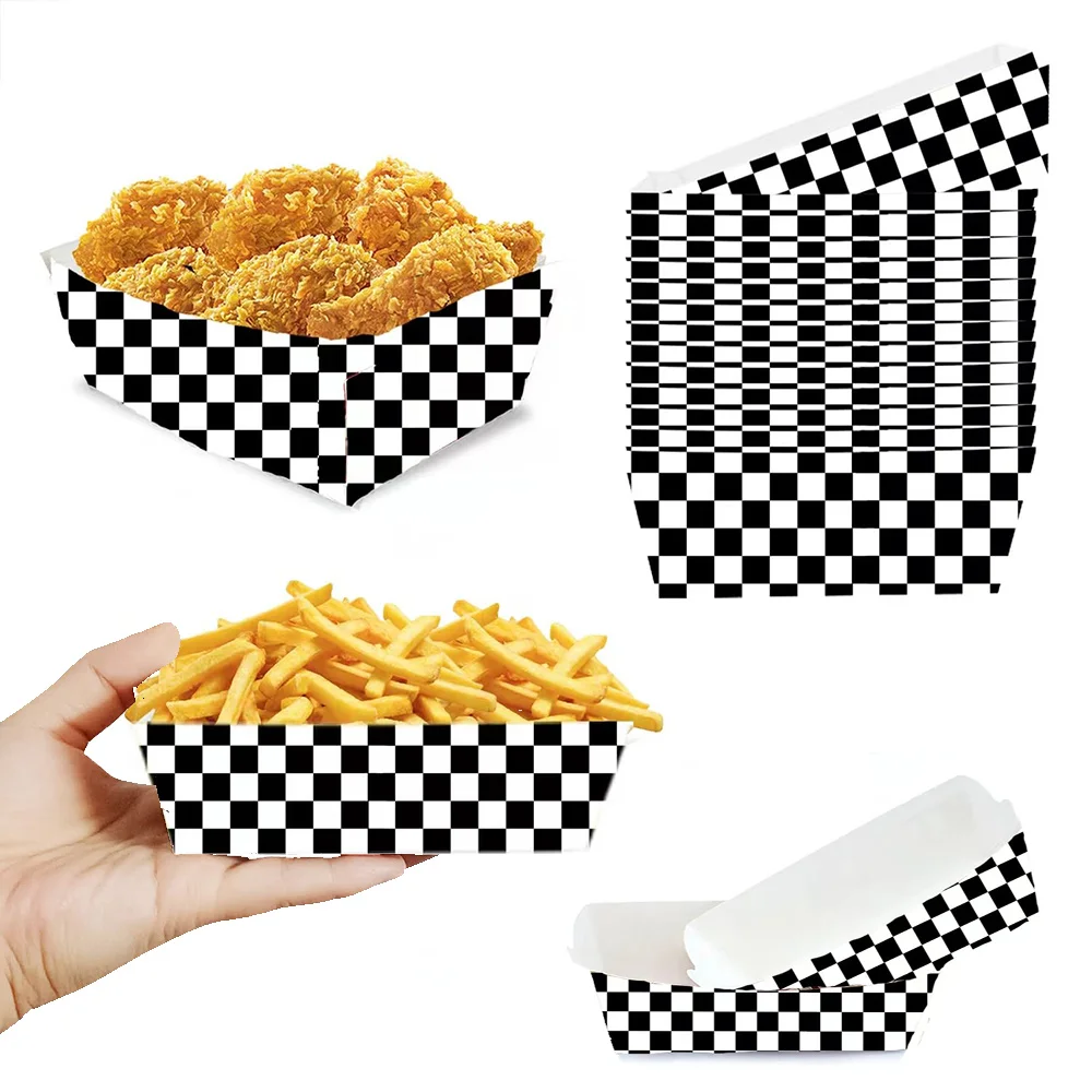 Checkered Paper Food Trays Black and White Disposable Popcorn Hot Dog French Fries Nacho Chip Snack Basket Boats Classic Racing Theme Serving Plates for Birthday Party Supplies Catering Events - 图片 5