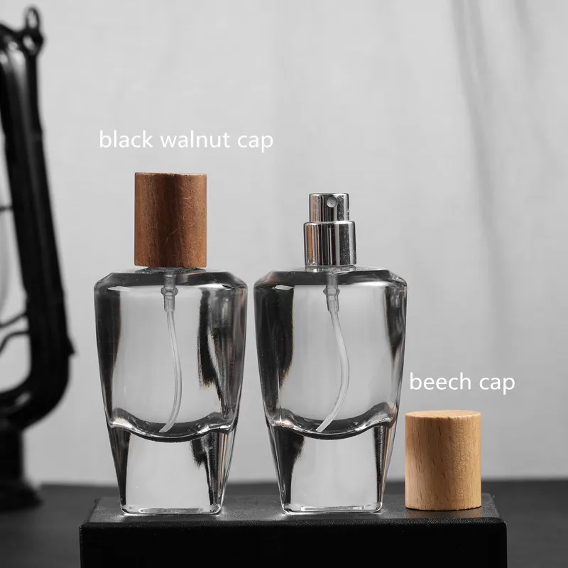 5PCS 50ML Premium Refillable Glass Perfume Bottles, Empty Spray Containers with Elegant Wood Caps, Crimp Neck Bayonet Atomizer Bottles for Travel, Cosmetic Display, Boutique Retail and Luxury Gift Packaging - 图片 7